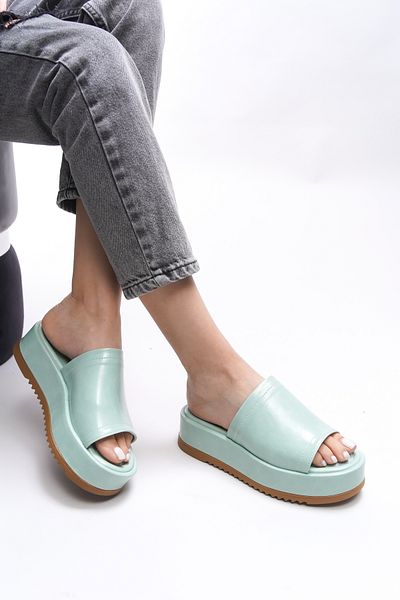 Riccon Water Green Mahthyl Women's Patent Leather Slippers - 001277   Crease Design