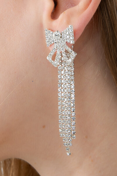 Furtek Aksesuar Kadın Papyon Fiyonk Model Sallantılı Zirkon Taşlı Küpe Trend Zarif Düğün Nişan Parıltılı