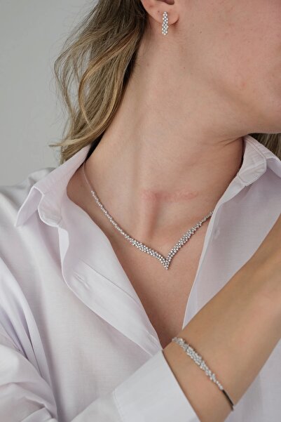 Güzide Kuyumcu 14 Ayar Beyaz Altın Taşlı Set