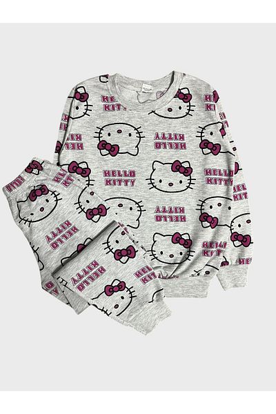 ALİŞ KİDS Girls' Cotton Gray Pink Hello Kitty Print Long Sleeve Seasonal Pajamas Set