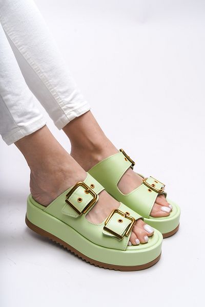 Riccon Winledha Women's Double Buckle Slippers 001278   Water Green Skin