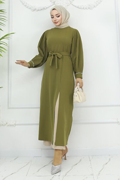 Modamihram Khaki Pleated and Slit Suit 19239