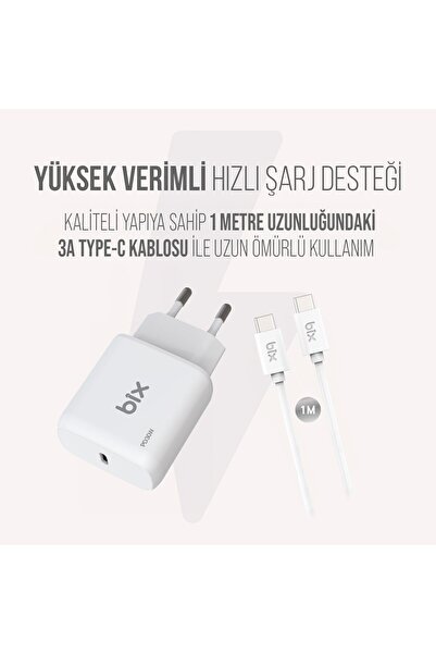 Bix Bxuc30ta 30w Type-c Pd 3.0 Hızlı Şarj Adaptörü Ve 1 Metre 3a Type-c Şarj Kablosu Beyaz
