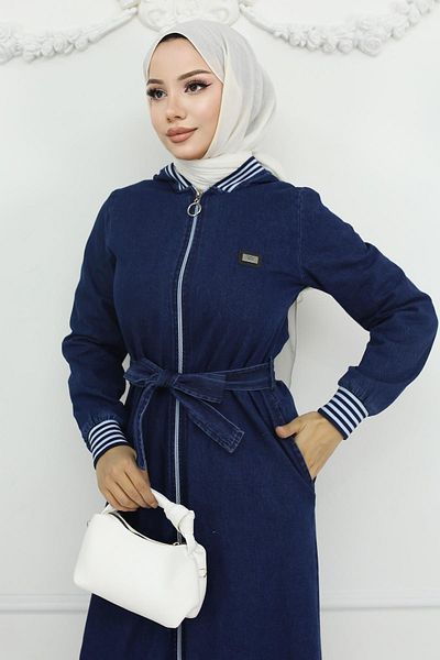 Modamihram Dark Blue Hooded Jeans Set - Ribbed, Model 19244