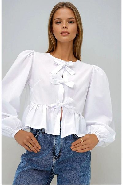 GALAVİP Women's White Crew Neck Bow Tie Princess Sleeve Poplin Blouse