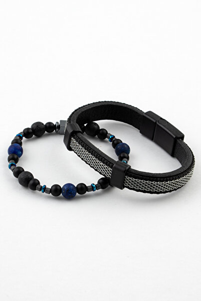 Sortie Aksesuar Hakiki Deri Ve Doğal Taş Hediyelik Erkek Kombin Bileklik Seti