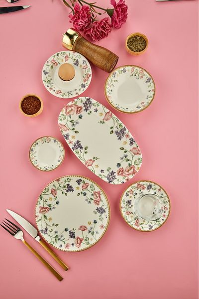 Cooker 34 Piece Porcelain Patterned Breakfast Set - Boat, Egg Holder, Plate, Jam Bowl, Snack Bowl