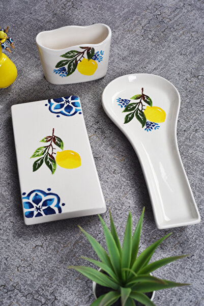 Piatti Naturali Set de bucătărie din 3 piese cu model de lămâie, suport pentru linguri, suport pentru burete, sub oală pentru ulei