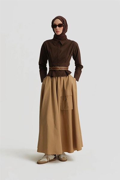 Armine Camel Color Parachute Cargo Skirt - 25Y1820