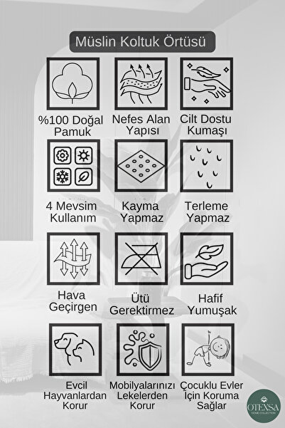 OTEXSA Ekru 4 Katlı Çift Taraflı Müslin Koltuk Örtüsü (200 X 220CM)