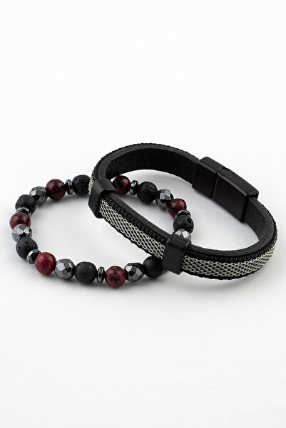Sortie Aksesuar Hakiki Deri Ve Doğal Taş Hediyelik Erkek Kombin Bileklik Seti