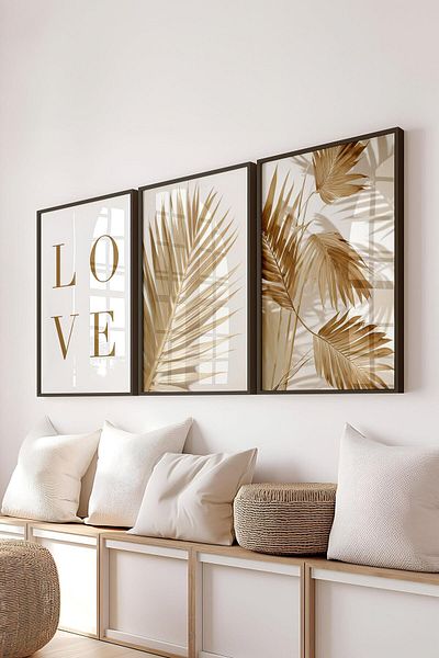 Postifull Black Framed Painting Set, Soft Brown Wall Painting, 3 Piece Poster Set, No:300716