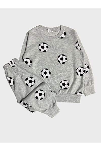 ALİŞ KİDS طقم بيجامة موسمية بأكمام طويلة وطبعة كرة قدم رمادية قطنية للأولاد