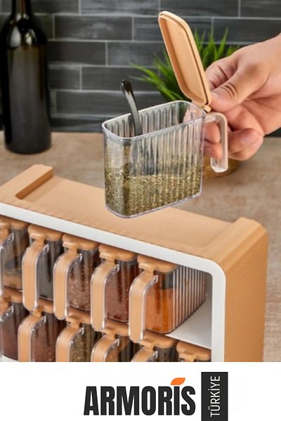 Armoris New Generation Stylish Practical Compartment Transparent Kitchen Countertop 12 Plastic Spice Rack Set with Stand Measuring Spoon