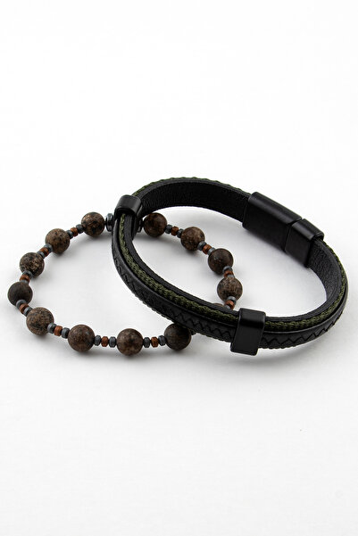 Sortie Aksesuar Hakiki Deri Ve Doğal Taş Hediyelik Erkek Kombin Bileklik Seti