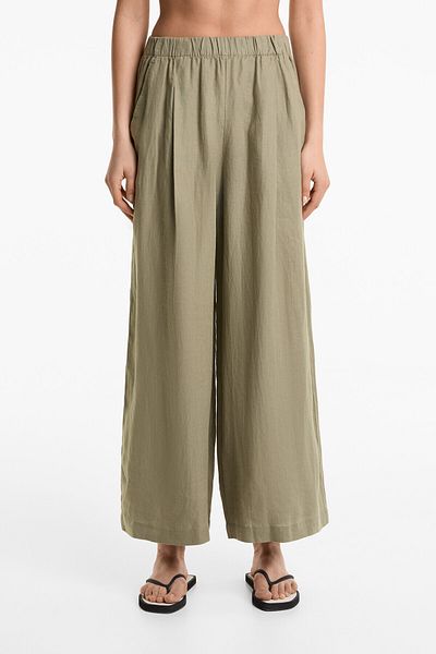 Oysho 100% linen wide straight-leg trousers