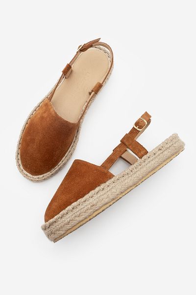 Marjin Damen-Espadrille-Sandalen aus hellbraunem Wildleder – offener Rücken, echtes Leder und Jute-Schal