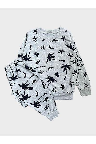 ALİŞ KİDS Boy's Cotton Gray Palm Tree Print Long Sleeve Seasonal Pajamas Set