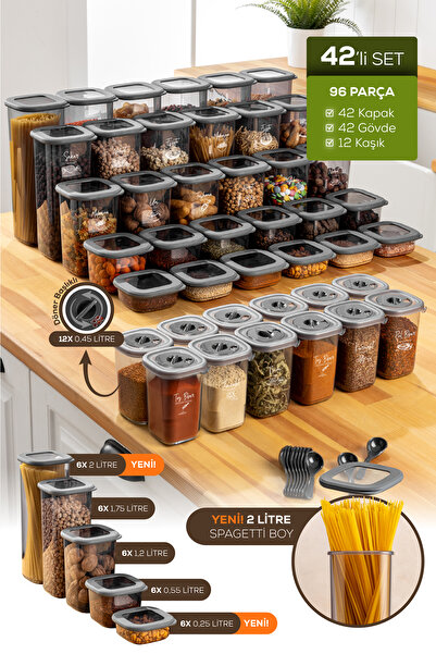 Vienev Lux Anthracite Set of 42 - Airtight Food and Spice Storage with Swivel Lid and Label