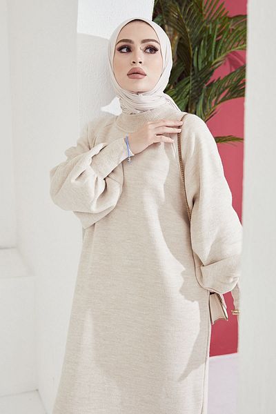 InStyle Rochie din Tricotaj Mina Maneca Balon - Crem