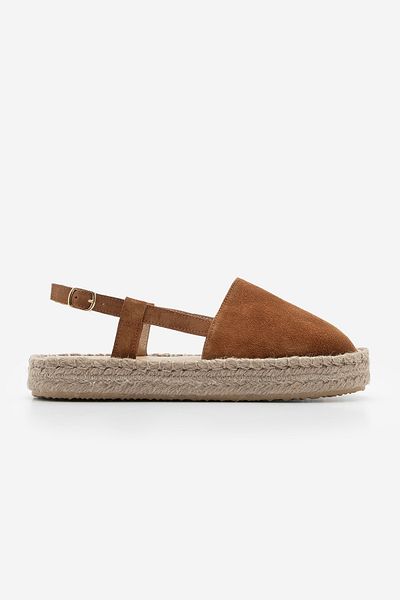 Marjin Damen-Espadrille-Sandalen aus hellbraunem Wildleder – offener Rücken, echtes Leder und Jute-Schal