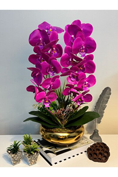 MY LOVE ÇİÇEKÇİLİK Gold Metal Saksıda Mor Yapay Orkide