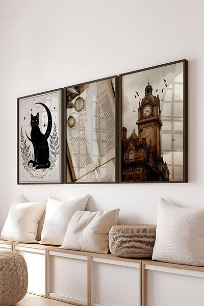 Postifull Set de pictură cu cadru negru, pictură de perete de toamnă pentru școala de magie, set de 3 posteri, nr:300708