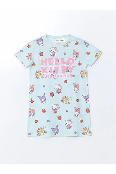 LC Waikiki Cămașă de noapte pentru fete cu imprimeu Hello Kitty, turcoaz, cu gâtul turnu, LCW Kids