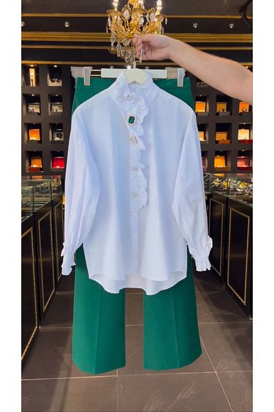 Alury group Luxury Spark Rhinestone Beading Shirt and Pants Autumn Spring New Long Sleeve Mid-Length Top