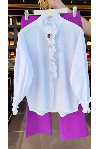Alury group Luxury Spark Rhinestone Beading Shirt and Pants Autumn Spring New Long Sleeve Mid-Length Top