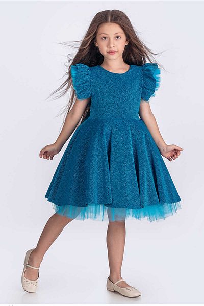 vestitino Turquoise Tulle Detailed Glittery Girl's Evening Dress 1672