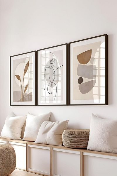 Postifull Black Framed Painting Set, Boho Brown Wall Painting, 3 Piece Poster Set, No:300785
