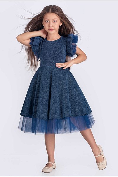 vestitino Indigo Tulle Detailed Glittery Girl's Evening Dress 1672