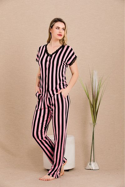 Lady Lingerie Short Sleeve Striped Button 93% Cotton & 7 Lycra Women's Pajamas Set