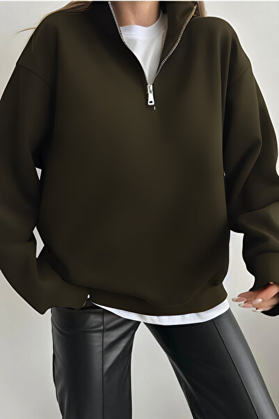 OKULCUBABA Hanorac oversize pentru femei, cu guler înalt, cu jumătate de ferm...