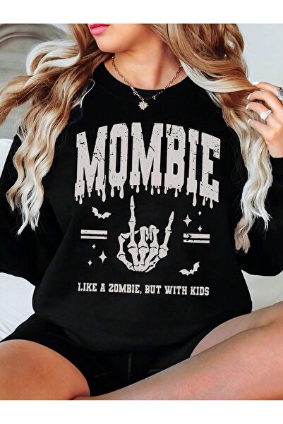 Mythologie Mombie Winter Sweatshirt - Black Printed Oversize Raised Crew Neck