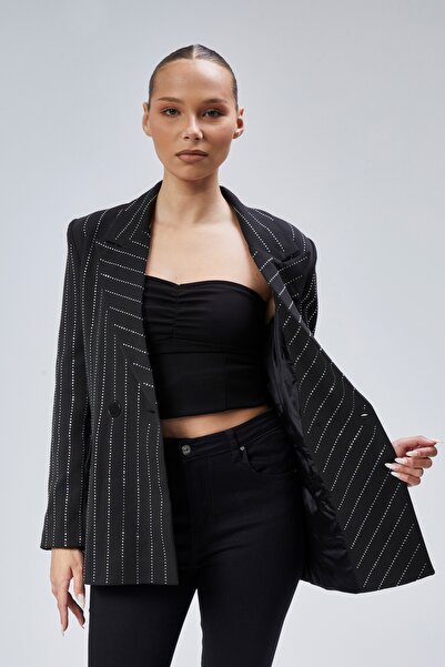 Bolivente Women's Stone Embroidered Regular Padded Blazer Jacket