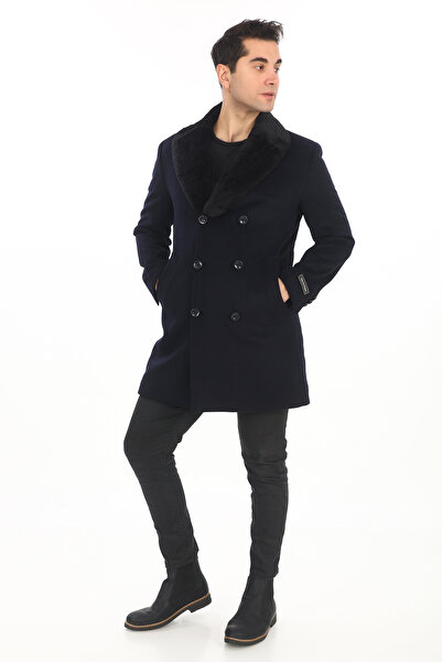 ŞAN GİYİM 8501 Erkek Lacivert Çıkma Kürk Yaka Kruvaze Kısa Palto