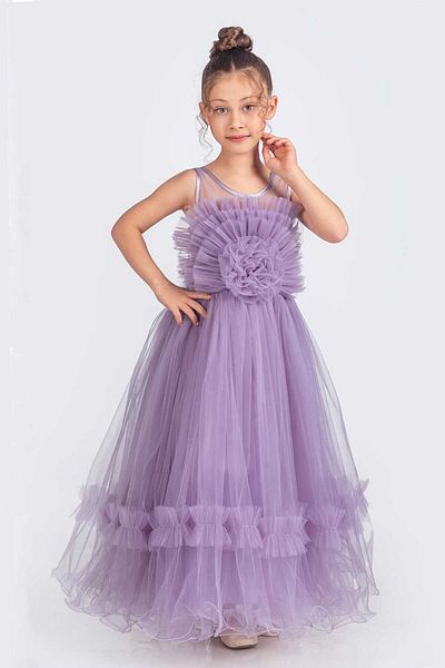 vestitino Rochie de seara lunga pentru fete cu motiv trandafir liliac 16286