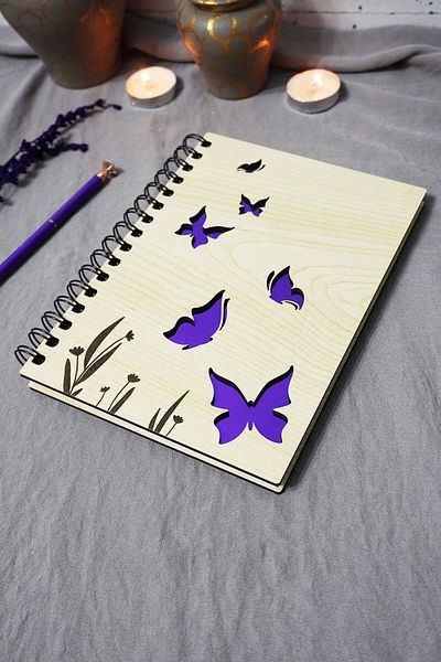 markcat Butterfly Patterned Unlined Notebook with Wooden Cover - Diary - Gift - A5 Memory Book (120 Pages)