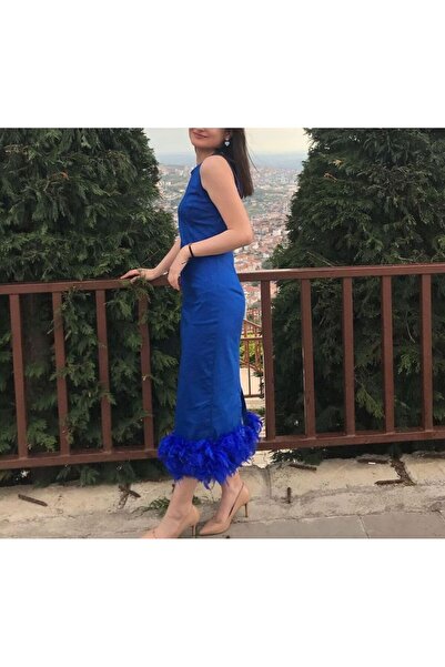 Shop Krutzo Saks Mavisi Tüylü Otriş Detaylı Midi Boy Abiye Nişan Söz Nikah Evden Çıkış Elbisesi