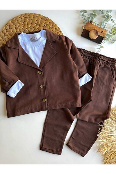 Karan Kids Boy's Brown Linen Trousers Jacket T-Shirt Set of 3
