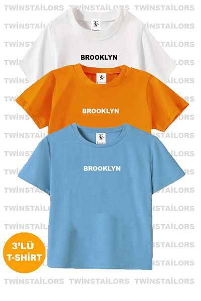twins tailors Pachet de 3 tricouri/tricouri pentru copii unisex alb-portocaliu-albastru bebeluș cu imprimeu Brooklyn