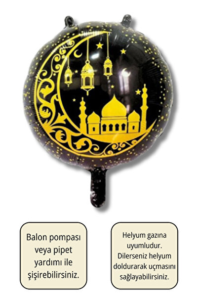 Huzur Party Store Cami ve Hilal Desenli Siyah Ramazan Folyo Balonu 45 Cm Bayr...
