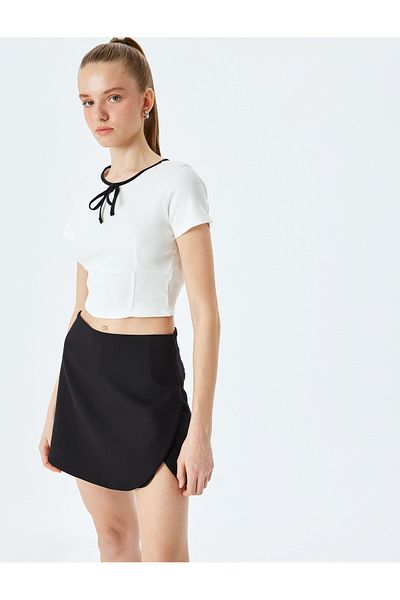Koton Bias Short Sleeve Crew Neck Bow Crop T-Shirt