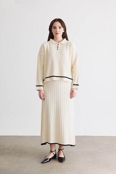 Ahel Tasarım Lilly Contrast Button Detail Skirt Set - Cream/Black