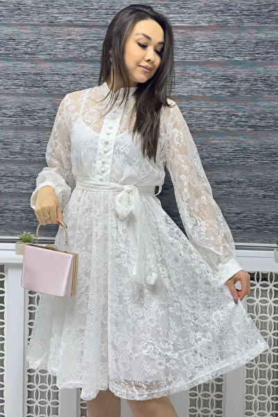 the ZKS Plus Size Guipure Detailed French Evening Dress - Beige, Green, Black, White, Red