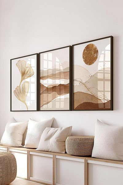Postifull Set de pictură cu cadru negru, pictură murală moale maro, set de 3 posteri, nr:300763