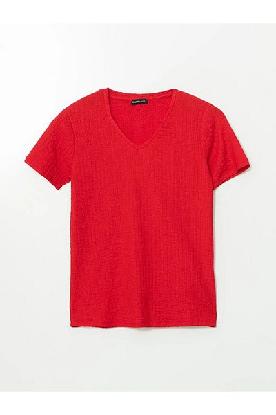 LC Waikiki Tricou de damă LCWAIKIKI clasic roșu cu decolteu în V texturat