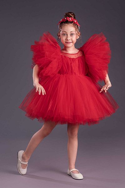 vestitino Red Pearl Crown Tutu Skirt Puffy Sleeves Girl's Evening Dress 1662